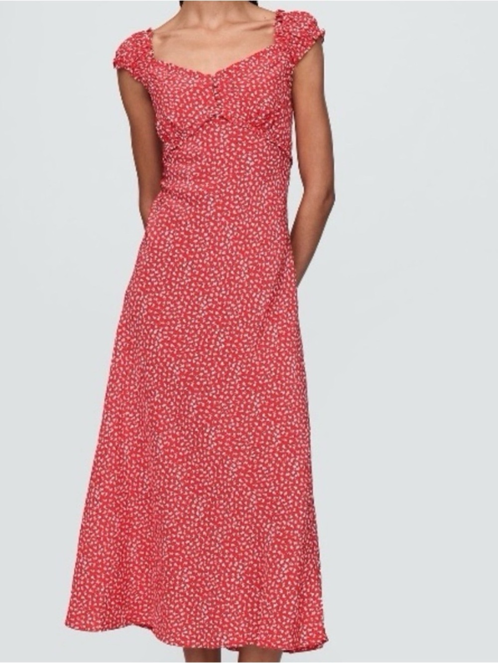 Gap Crepe Sweetheart Midi Dress Red Ditsy Floral Smocked Back Cap Sleeve M